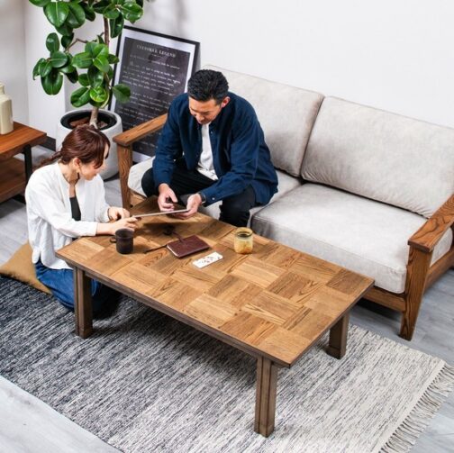 オーク突板　ブロック調天板のヴィンテージ風コタツ　120/135幅　4人用　継脚1段付き＜チェスター＞ - 画像 (24)