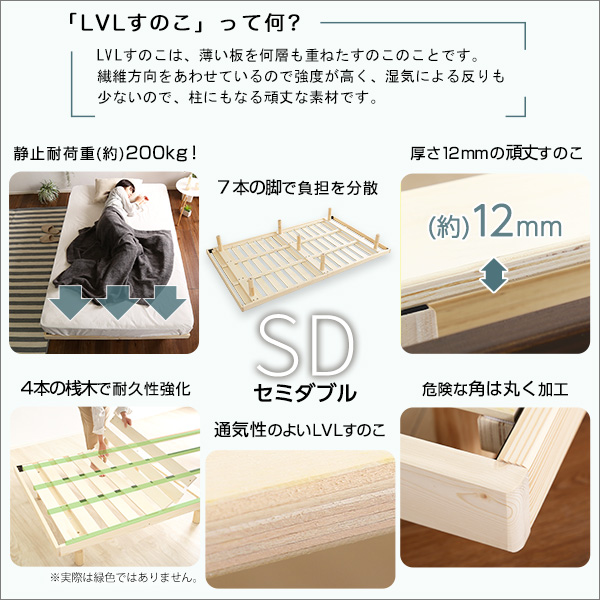 3段階高さ調節 脚付きすのこベッド(セミダブル) 【Lilitta-リリッタ-】(ポケットコイルロールマットレス付き) セミダブル - 画像 (7)