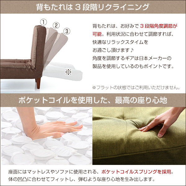 2人掛ハイバックソファ(布地)ローソファにも、ポケットコイル使用、3段階リクライニング 日本製|lemmik-レミック- - 画像 (5)