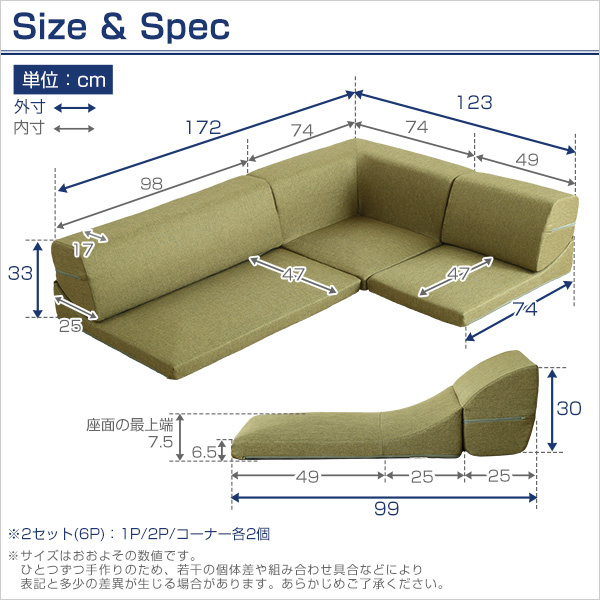 コーナーフロアソファ ロータイプ ファブリック 3人掛け(5色)同色2セット|Linaria-リナリア- - 画像 (2)