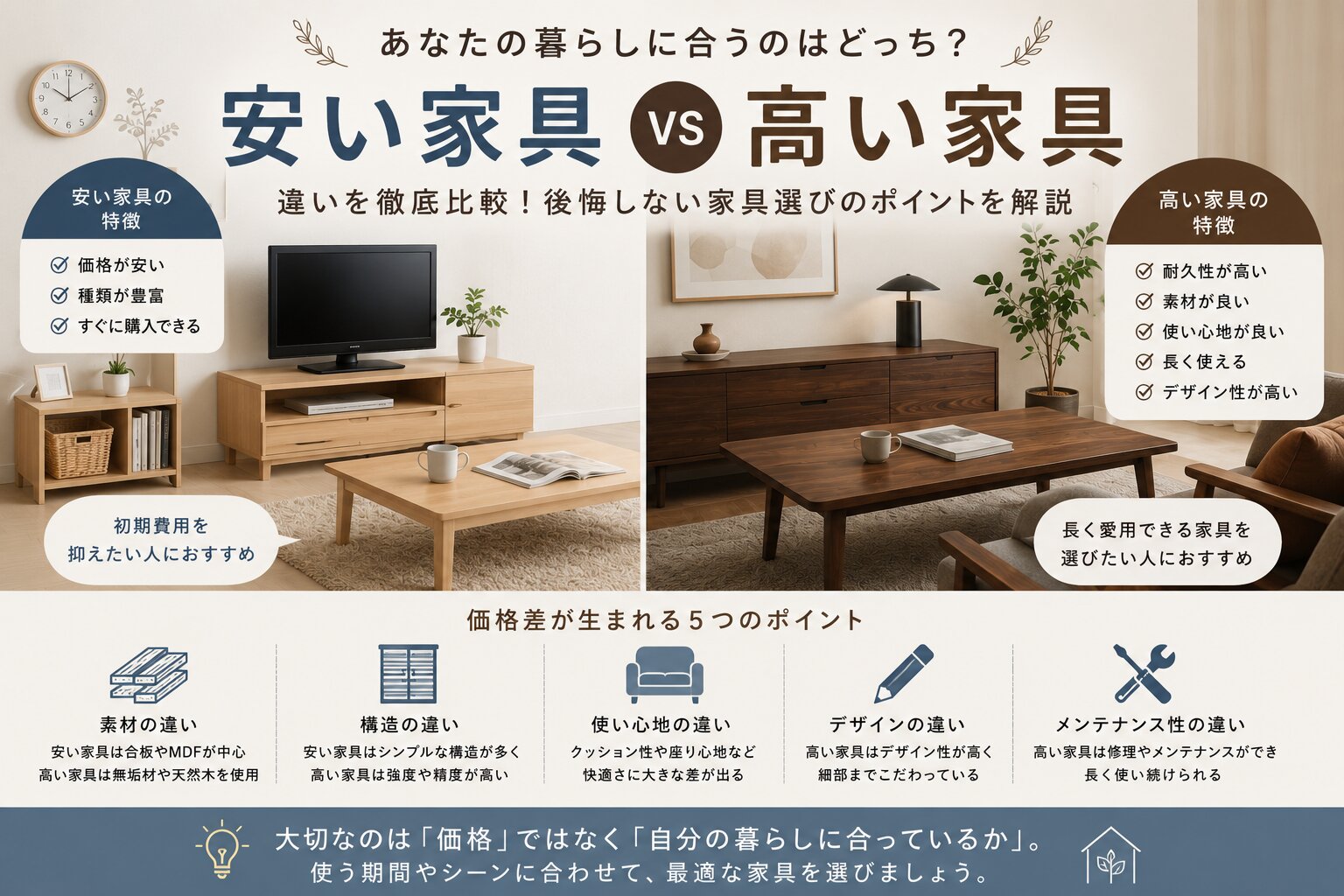 あなたが現在見ているのは 安い家具と高い家具の違いとは？後悔しない家具選びのポイントを徹底解説