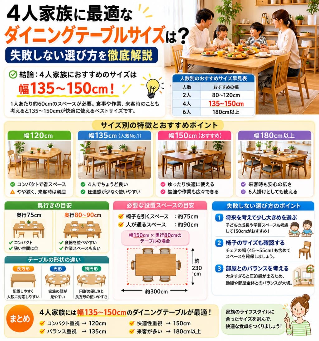 あなたが現在見ているのは 4人家族に最適なダイニングテーブルサイズは？失敗しない選び方を徹底解説
