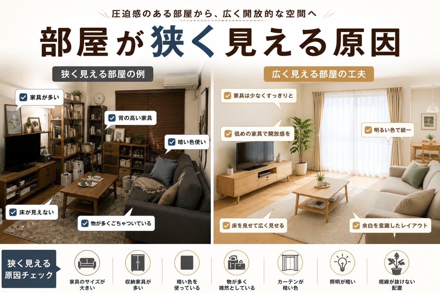 あなたが現在見ているのは 部屋が狭く見える原因とは？今日からできる広く見せるコツを徹底解説